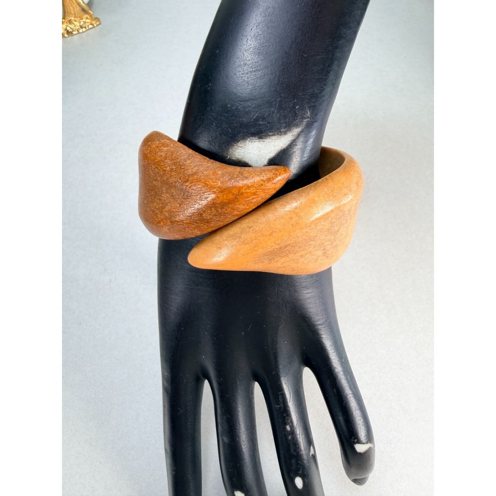 Vintage Wood Crossover Bangle Bracelet Chunky Cuff Hinge Clamper Statement